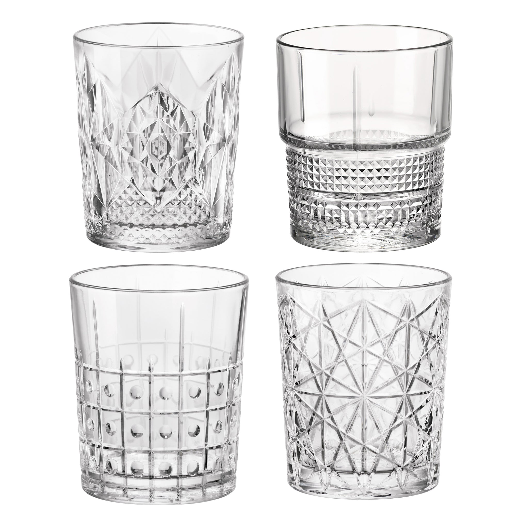 Four assorted DOF clear glass tumblers with different patterns on a white background