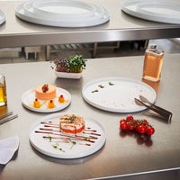 Side view of Alta Cucina 10.5" x 0.75" Opal Glass Medium Stacking Plate (Set of 12)