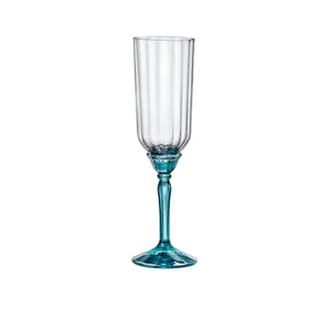 Clear Florian flute glass with a blue stem on a white background