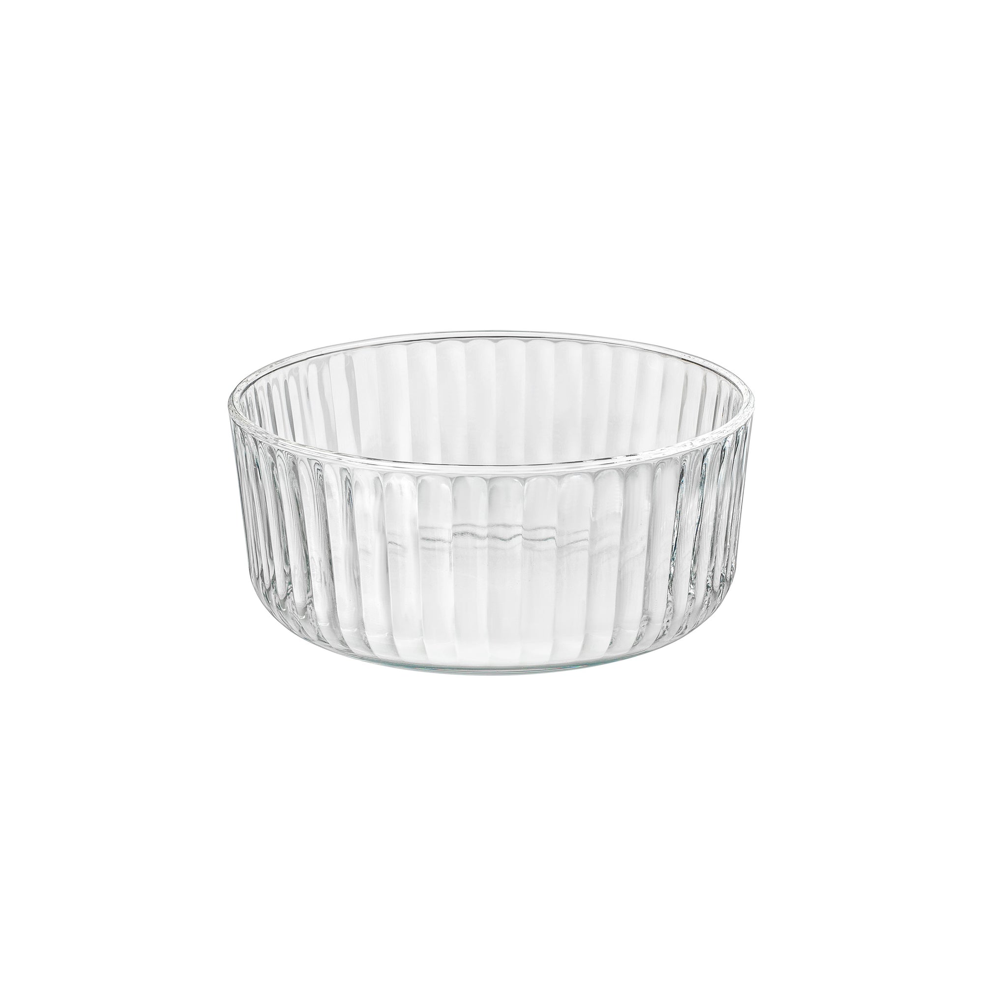A clear round Exclusiva glass serving bowl with a multifaceted texture.