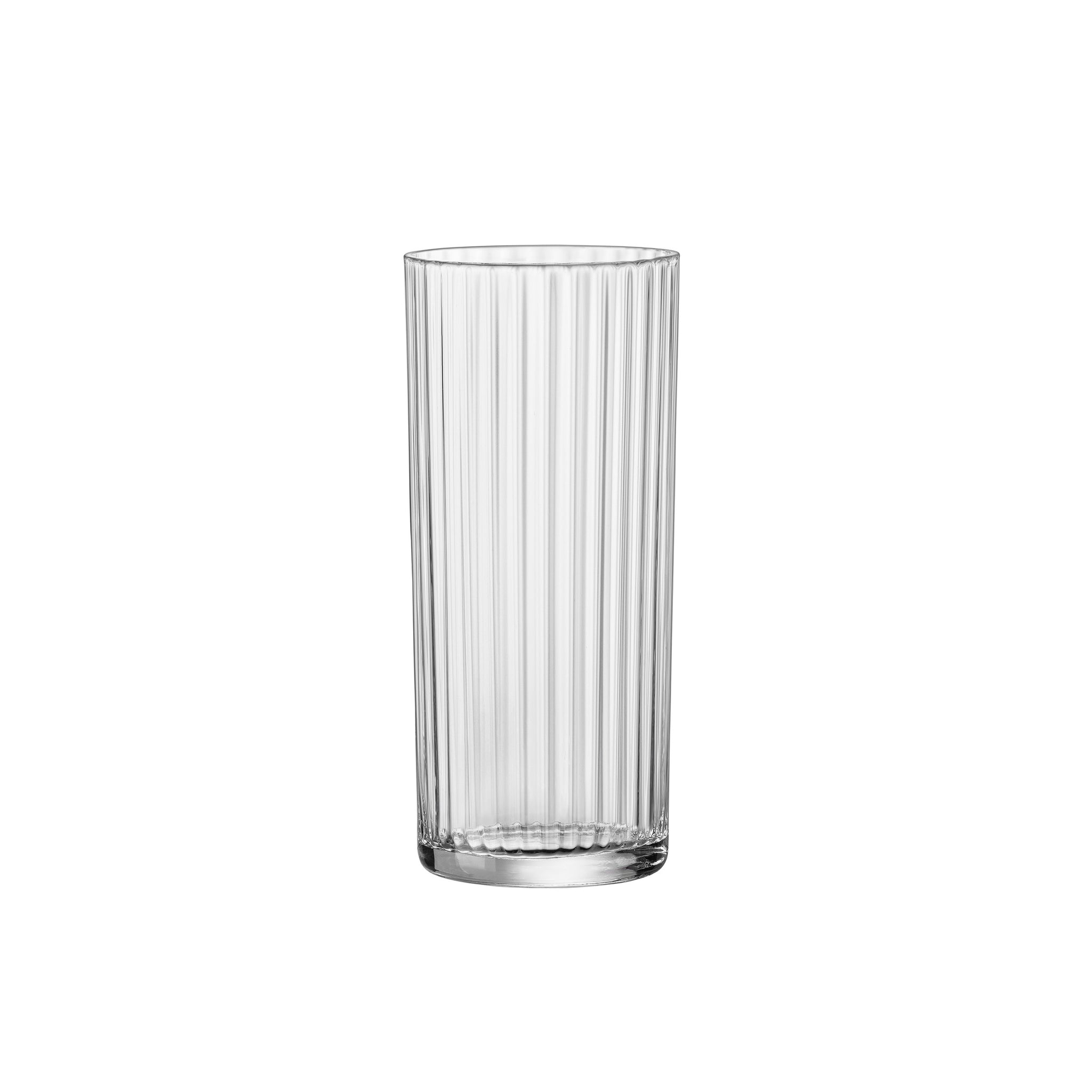 A clear Exclusiva Tom Collins glass with vertical ridges designed for use as a cocktail or water glass.