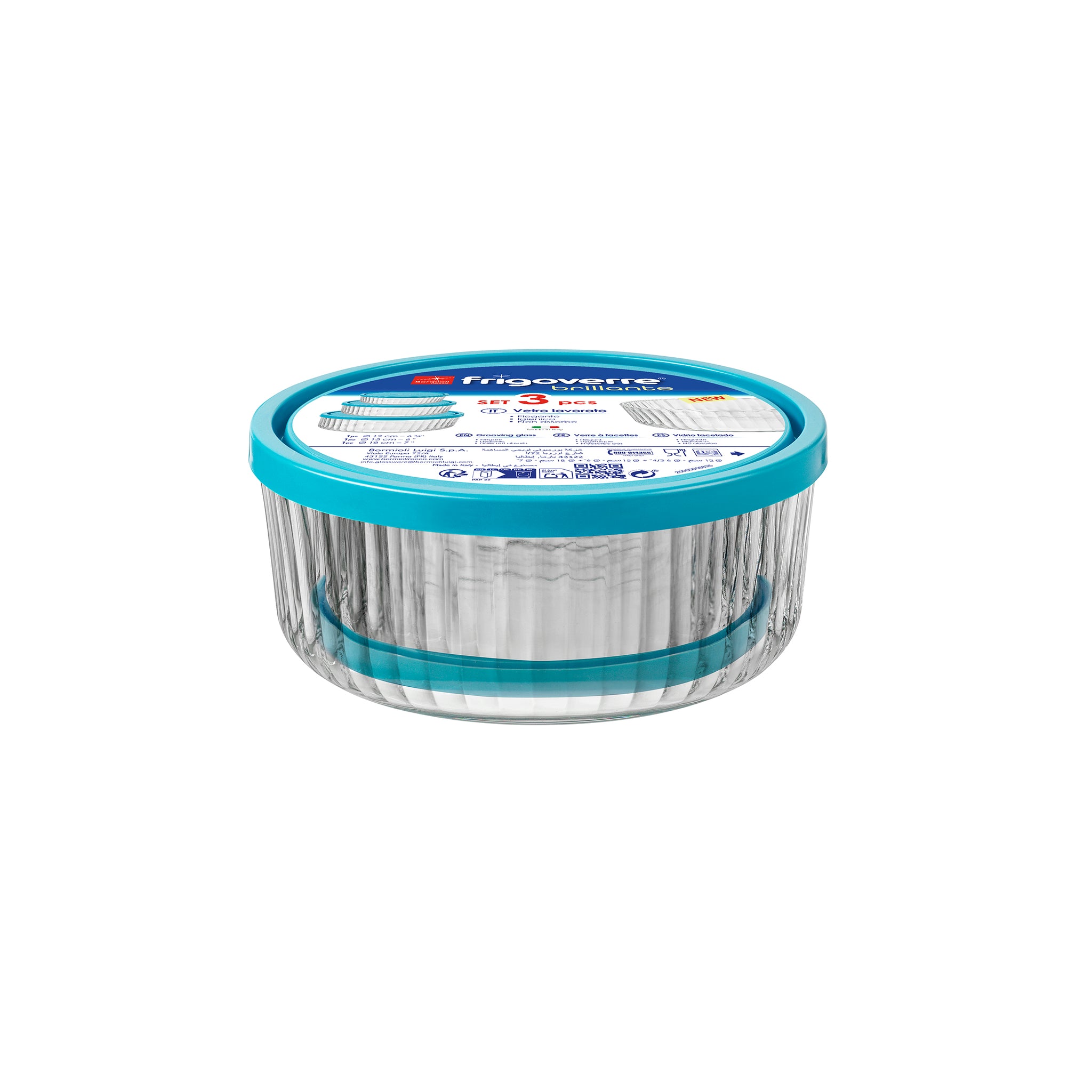 Clear Frigoverre Brillante 3pc Set nested glass containers with blue lid on a white background