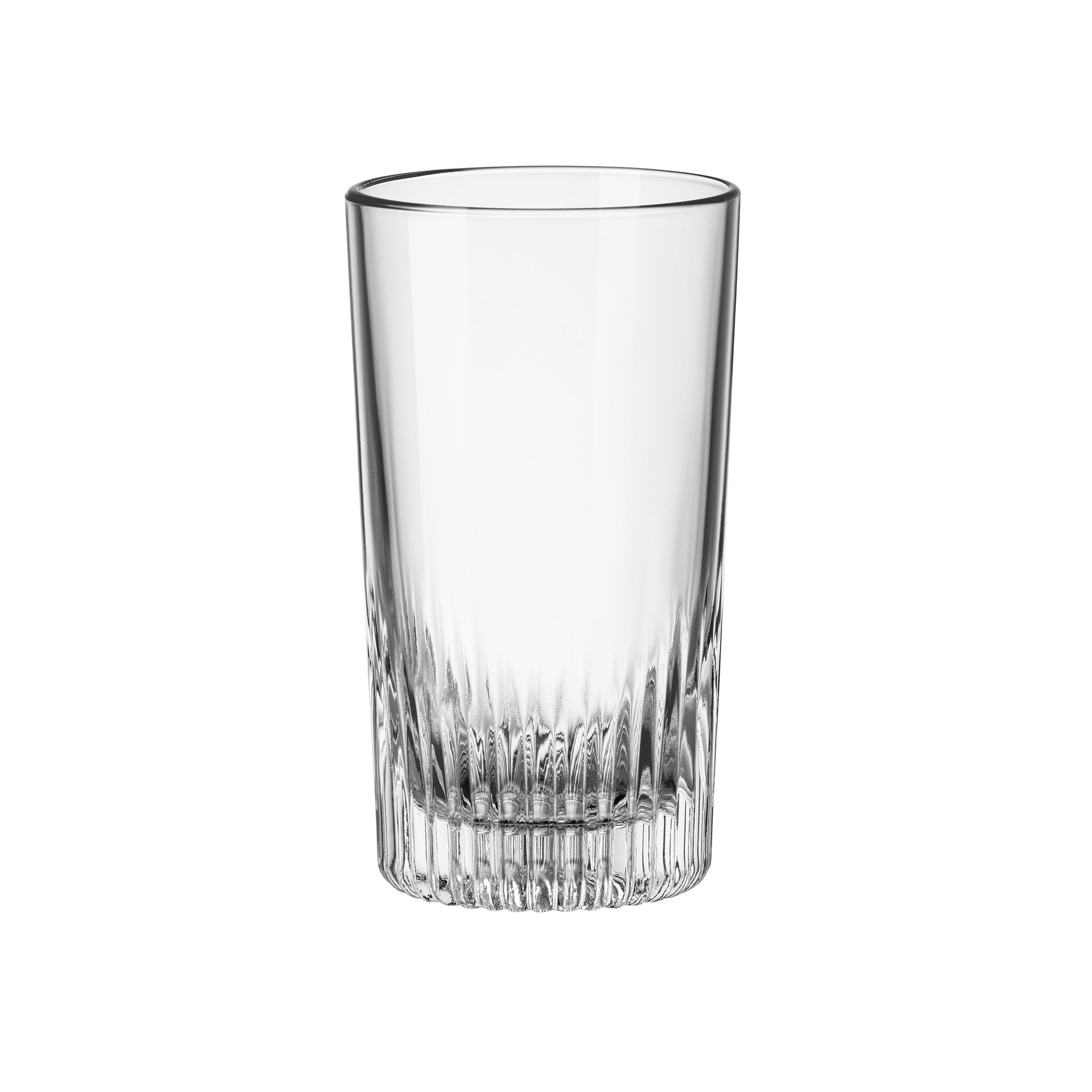 A clear Graphics Cooler glass with reflective elegance, featuring intricate engravings at the base.