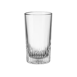 A clear Graphics Cooler glass with reflective elegance, featuring intricate engravings at the base.