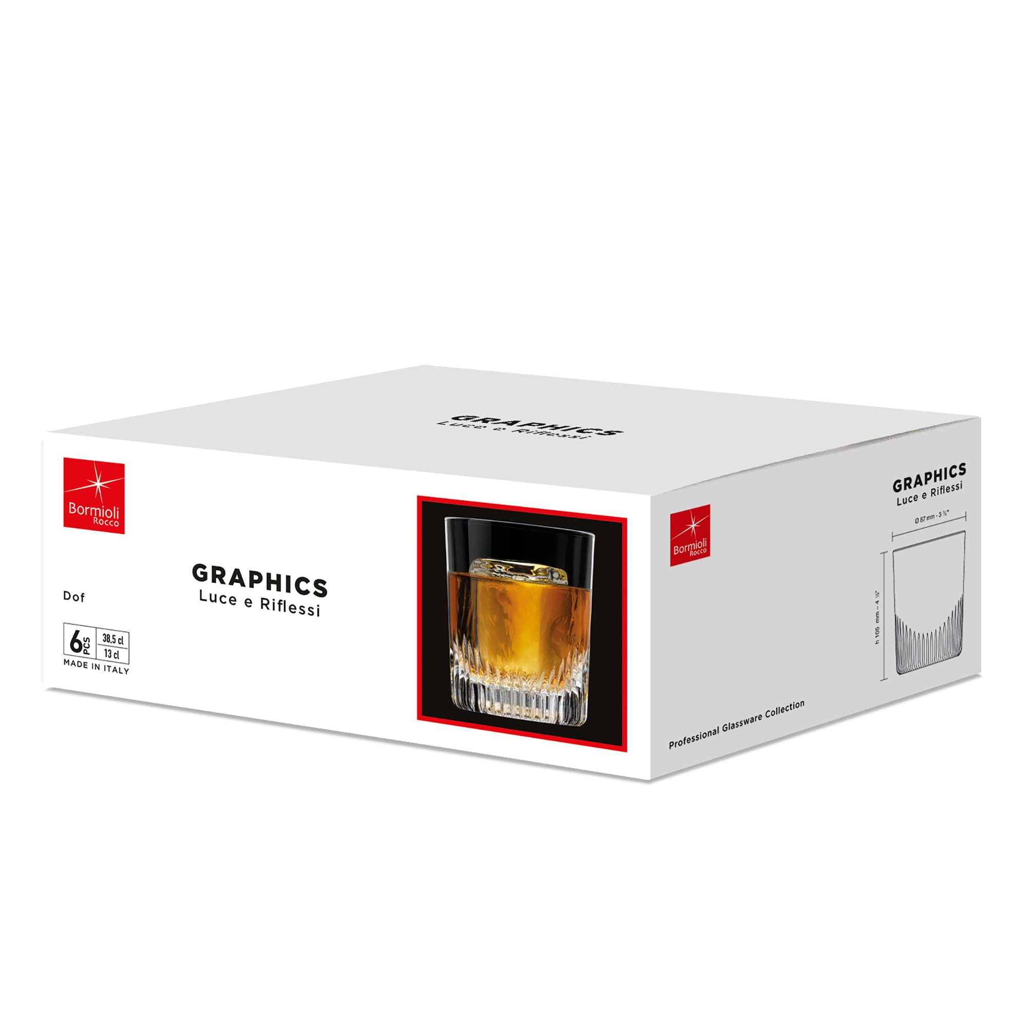 Box of Graphics DOF glasses with a glass of whiskey on a white background packaging 