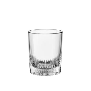 A clear Graphics DOF glass with intricate engravings at the base, designed to hold whiskey or other beverages.
