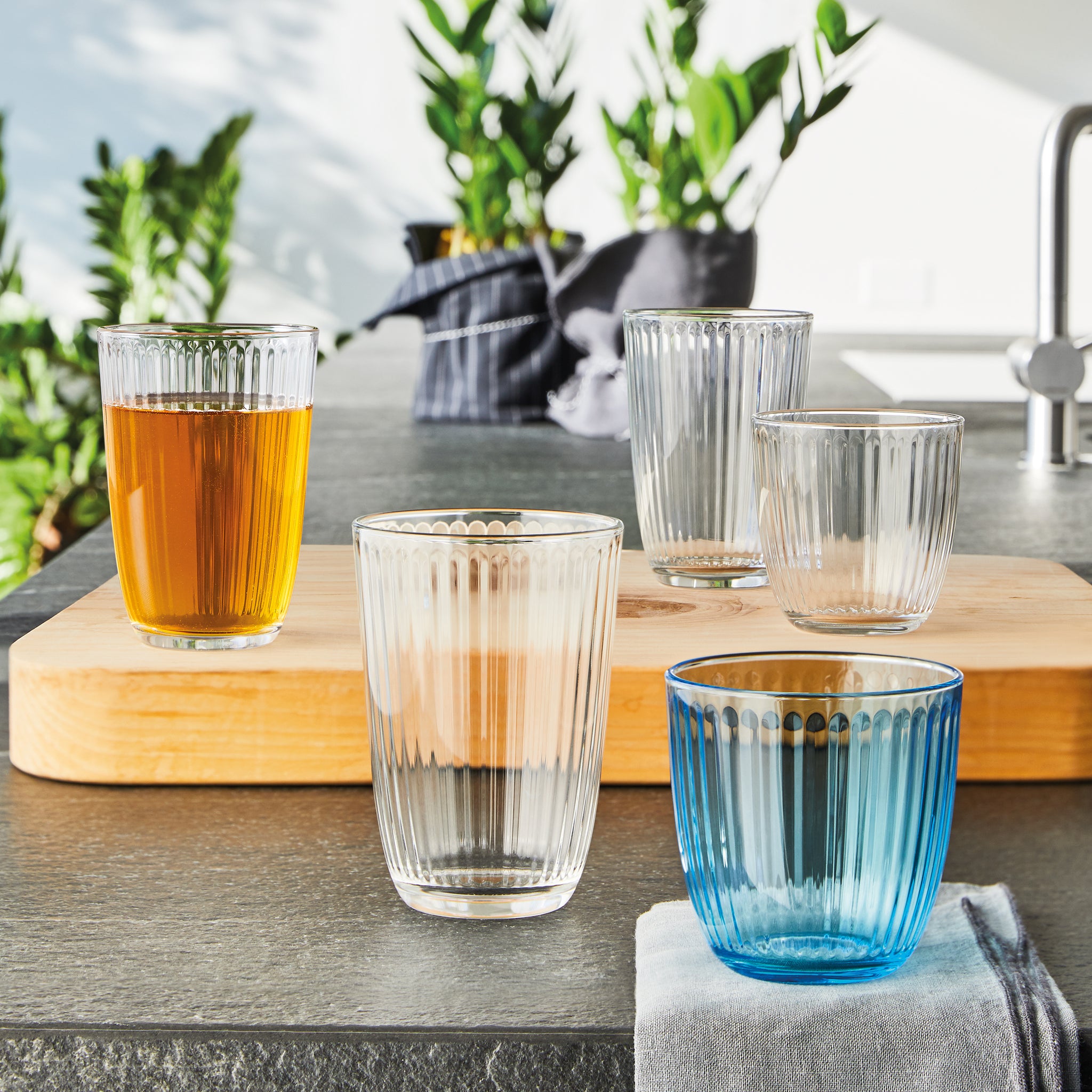 Bormioli Rocco Line 9.75 oz. Water Drinking Glasses, Lively Blue & Clear (Set of 12)