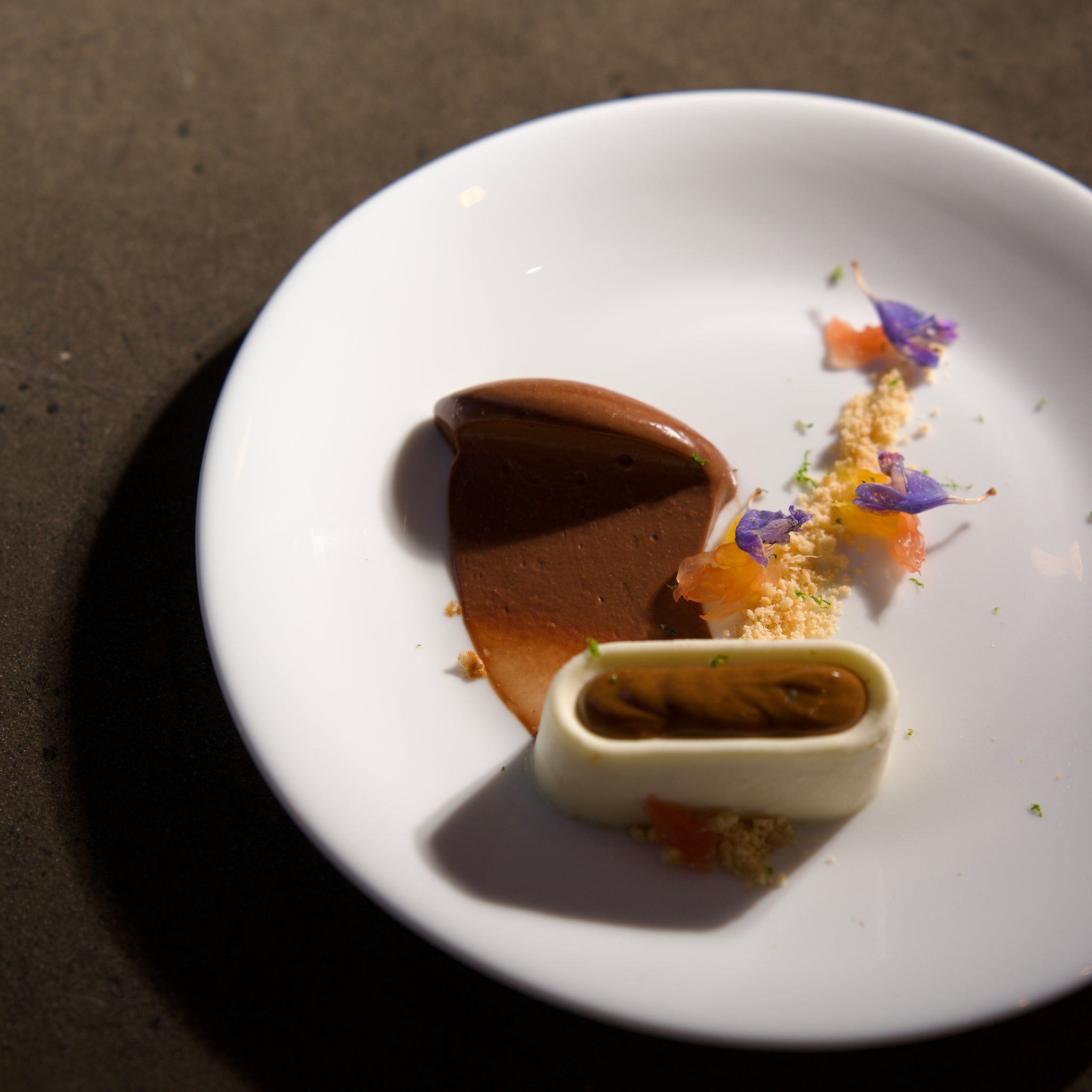 Delicate dessert presentation on a white plate with chocolate and cream elements.